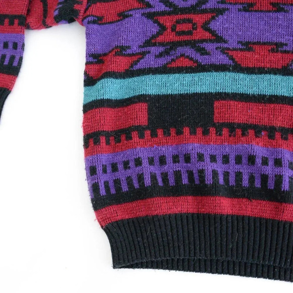 Vintage 90'S Vanderbilt Maroon Black Purple Aztec Turtleneck  Knit Sweater M - Picture 6 of 13
